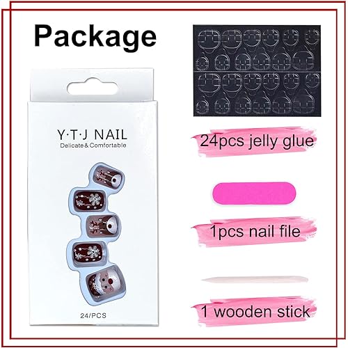 Miniatura 6 de 24 piezas de uñas cortas a presión de Navidad con diseños de alce de copo de nieve de cobertura completa cuadradas de Navidad uñas acrílicas rojas