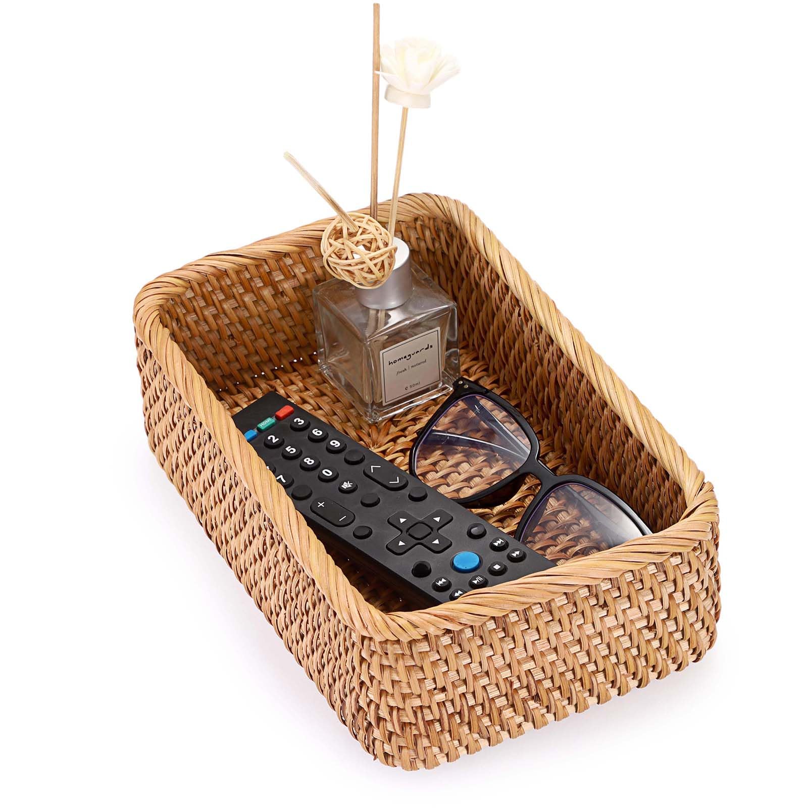 IGNPION Rattan Keys Caddy Tray, Woven Wicker Entryway Decorative Basket, Coffee Table Storage Tray for Keys, Vanity, Candle, Ornament, Perfume (Natural Yellow, 25x16x8cm)
