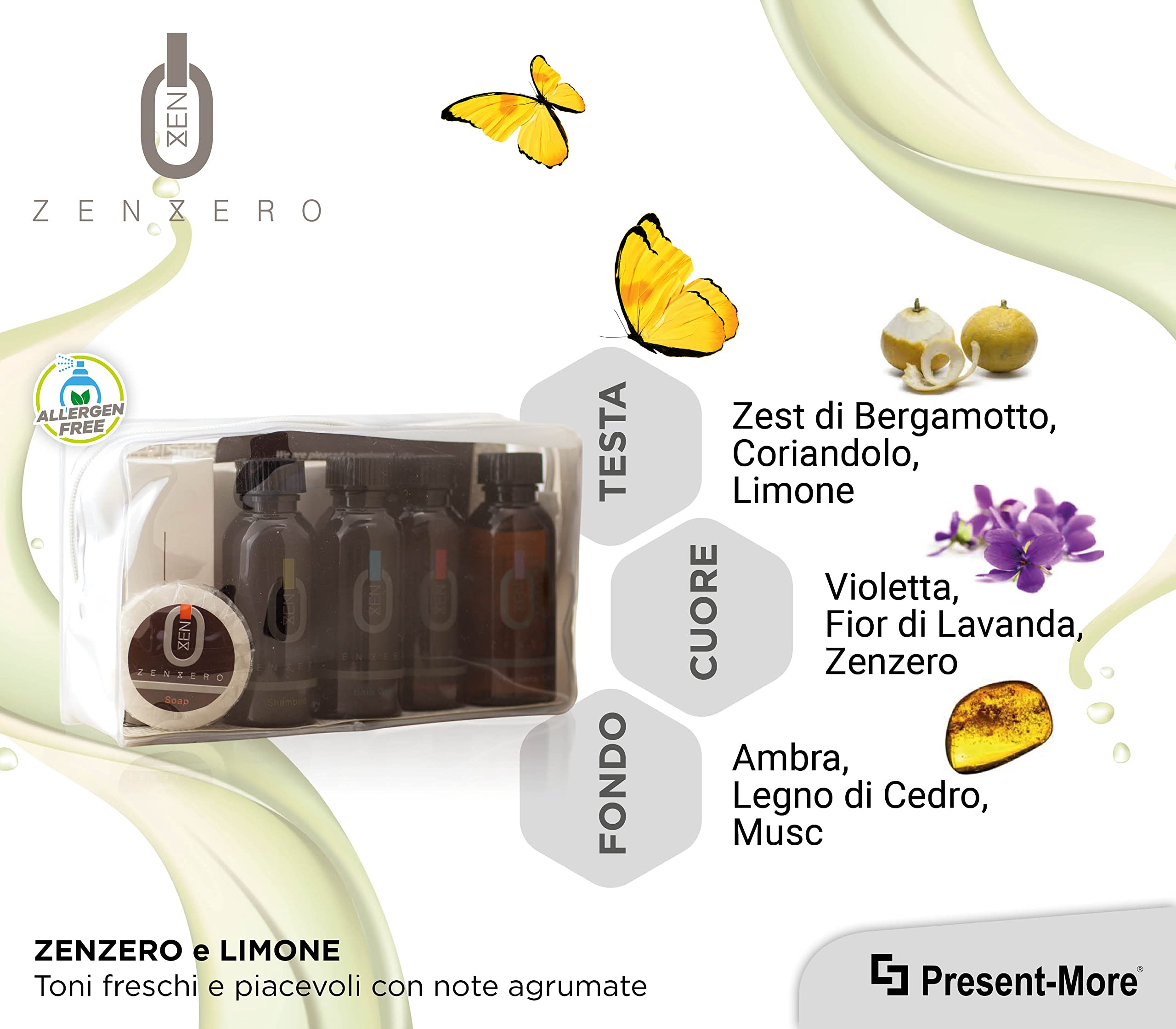PRESENT-MORE - Set Cortesia 24 Ospiti Zenzero - Fragranza Zenzero e Limone - Contiene: Shampoo, Gel Doccia, Crema, Gel Intimo, Sapone e Accessori - Per Hotel e B&B