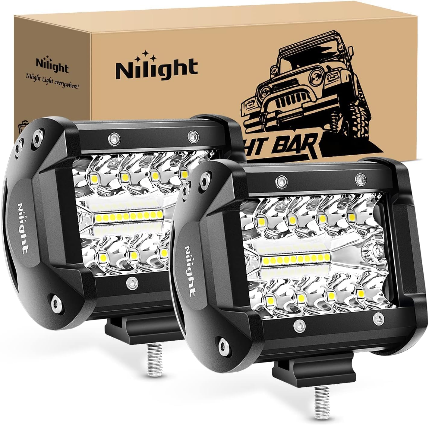 Nilight 2PC 4Inch Triple Row Led Light Pods 60W Flood Spot Combo 6000LM 2Pcs 6.5 Inch 120W Triple Row Light Bar Flood Spot Combo 12000LM Driving Boat Off Road Trucks Lights 2 Years Warranty (ZH042)