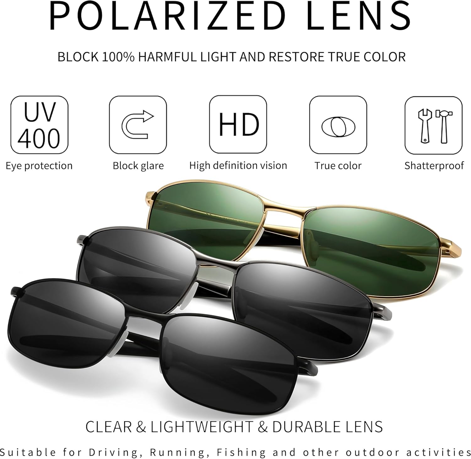 SUNGAIT Mens Narrow Polarized Sunglasses Metal Frame Small Rectangle Retro Durable UV400 Protection