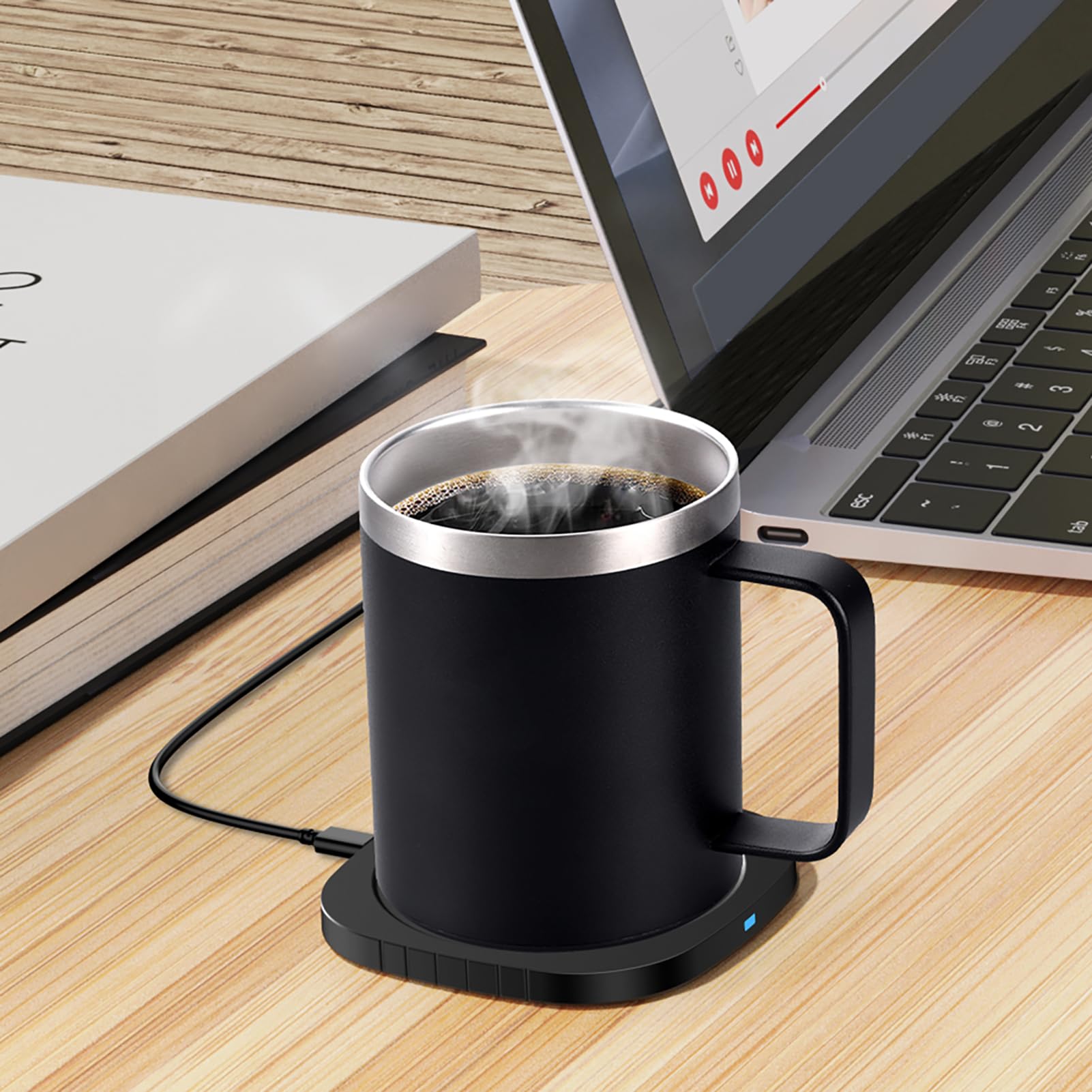 HUIOP calentador de tazas,Calentador de tazas de café 2 en 1 y cargador inalámbrico con taza y tapa 131.0 °F/131 ℉ Temperatura constante inteligente 10.5 oz Calentador de tazas de bebidas de acero ino