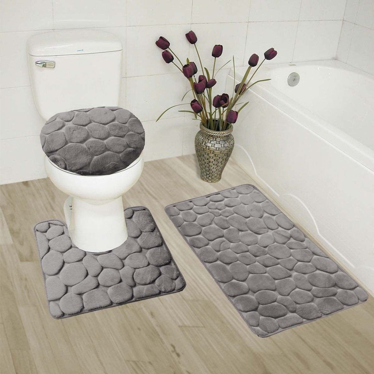 Golden Linens Solid Color Stone Rock Embossed Stand Out Style Design Bathroom Memory Foam 3 Pieces Set (1 Bath Rug, 1 Contour Mat, & 1 Lid Cover) with Non-Slip Rubber Backing # Embossed Stone (Gray)