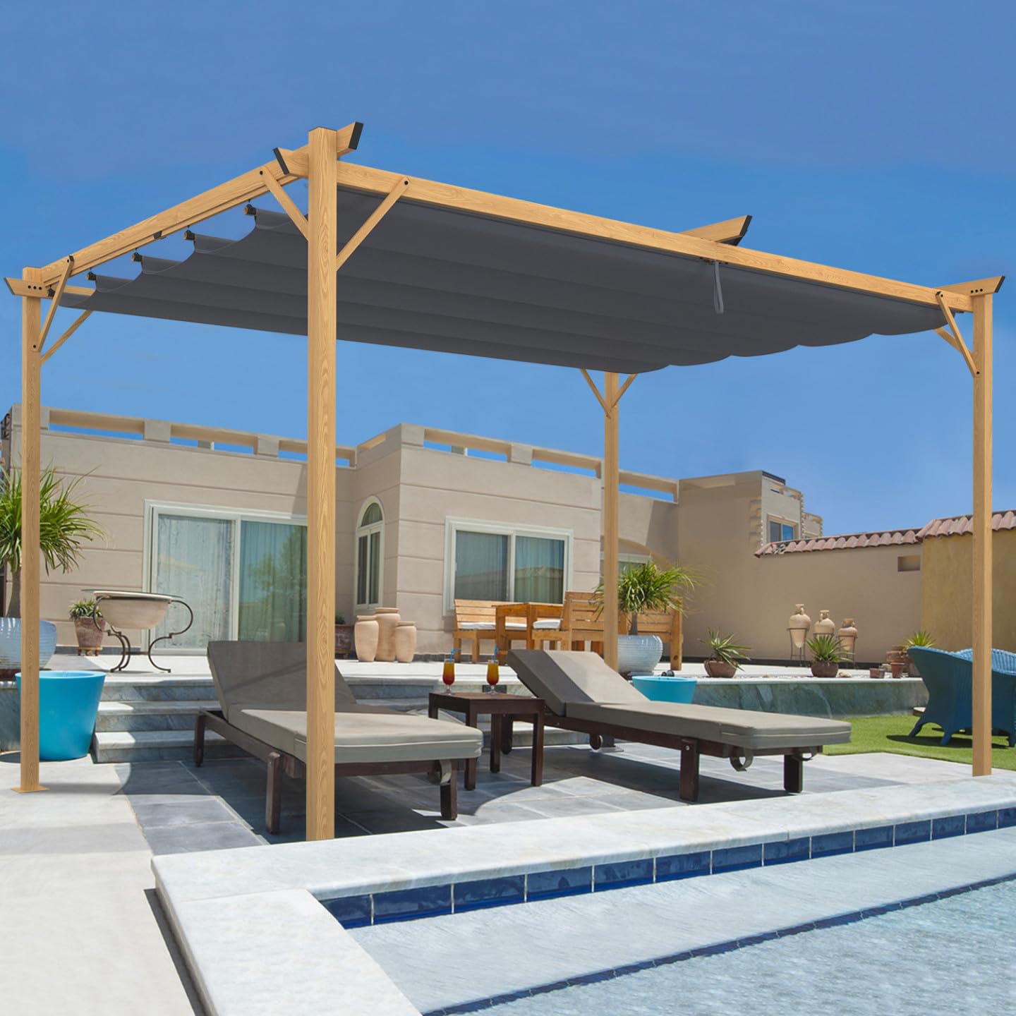IDMarket - Pergola Toit rétractable 4 Pieds 3x4 M tonnelle Effet Bois Toile Gris Anthracite