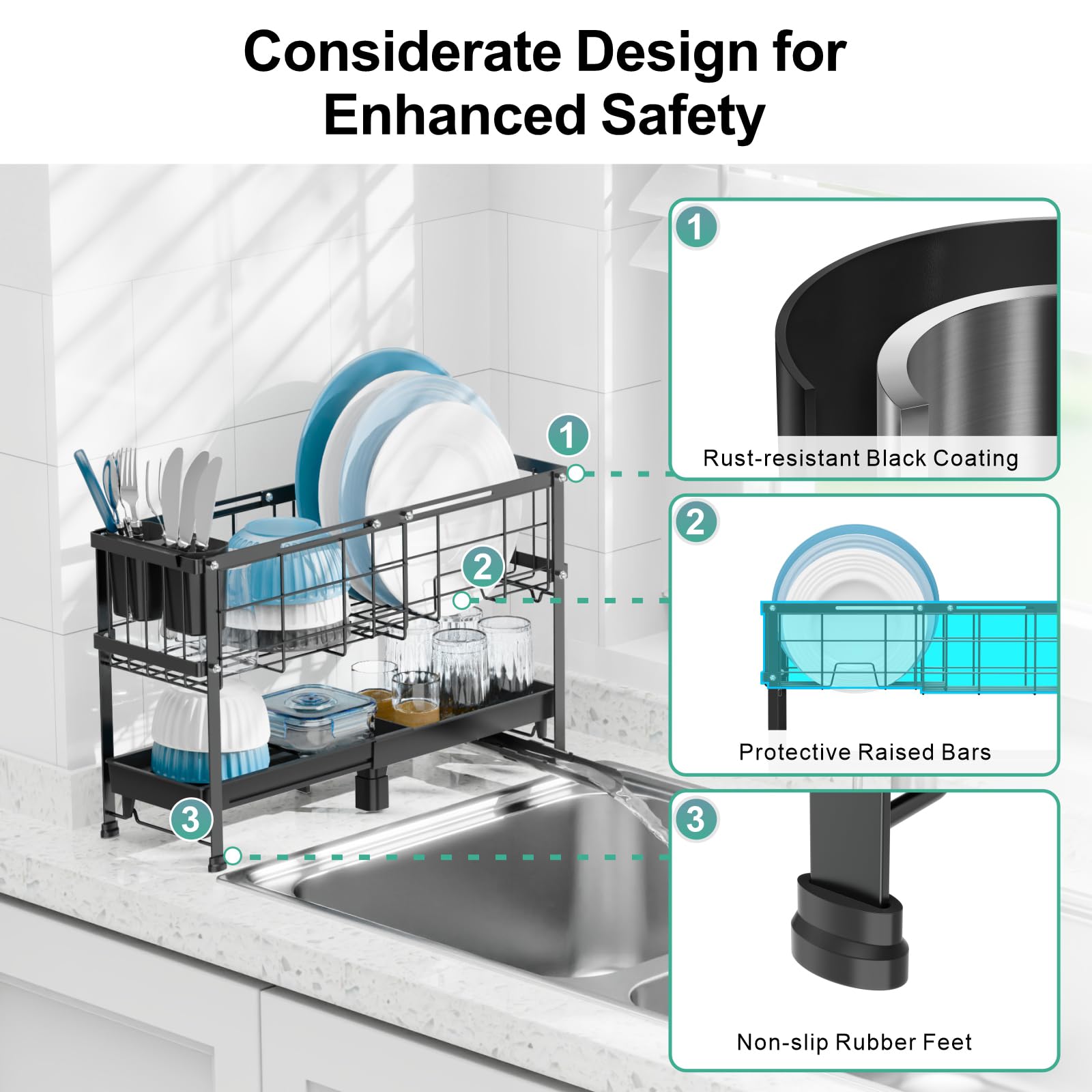 GSlife Escurreplatos estrecho – Escurreplatos pequeño expandible para encimera de cocina, 2 niveles de capacidad ajustable (15.7 a 20.7 pulgadas de largo) escurridor de platos con soporte extraíble