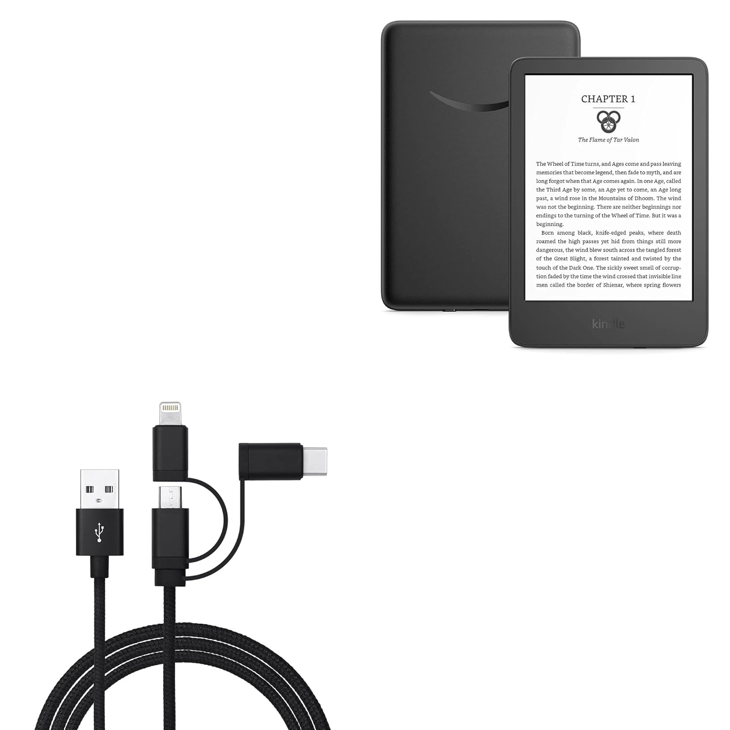 BoxWave Cable Compatible with Amazon Kindle (11th Gen 2022) - AllCharge 3-in-1 Cable - Jet Black