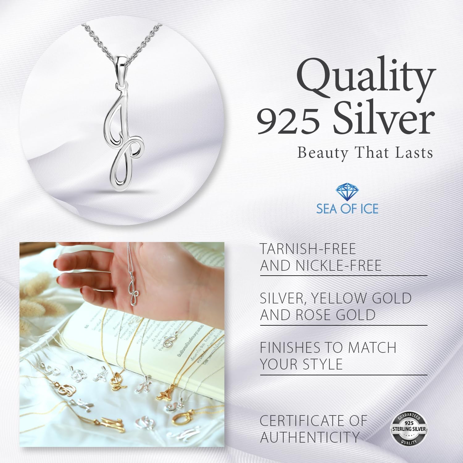 SEA OF ICE Letter Initial Necklace, Alphabet Letter Pendant Necklace, Sterling Silver, Gold, Rose Gold Necklace for Women, Elegant Initial Necklaces, Personalized Custom Women's Necklaces - Image 5