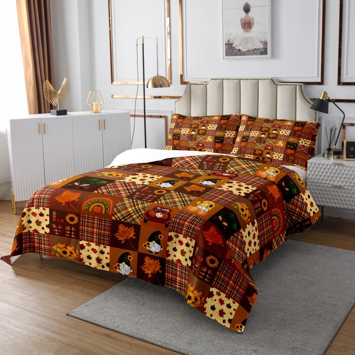 Erosebridal Fall Season Bedspread Twin for Girls Women Autumn Harvest Theme Quilt Set Thanksgiving Day Gifts for Boys Kids Autumn Coverlet Set Geometry Grids Patchwork Bed Set Fall Decor Bedding