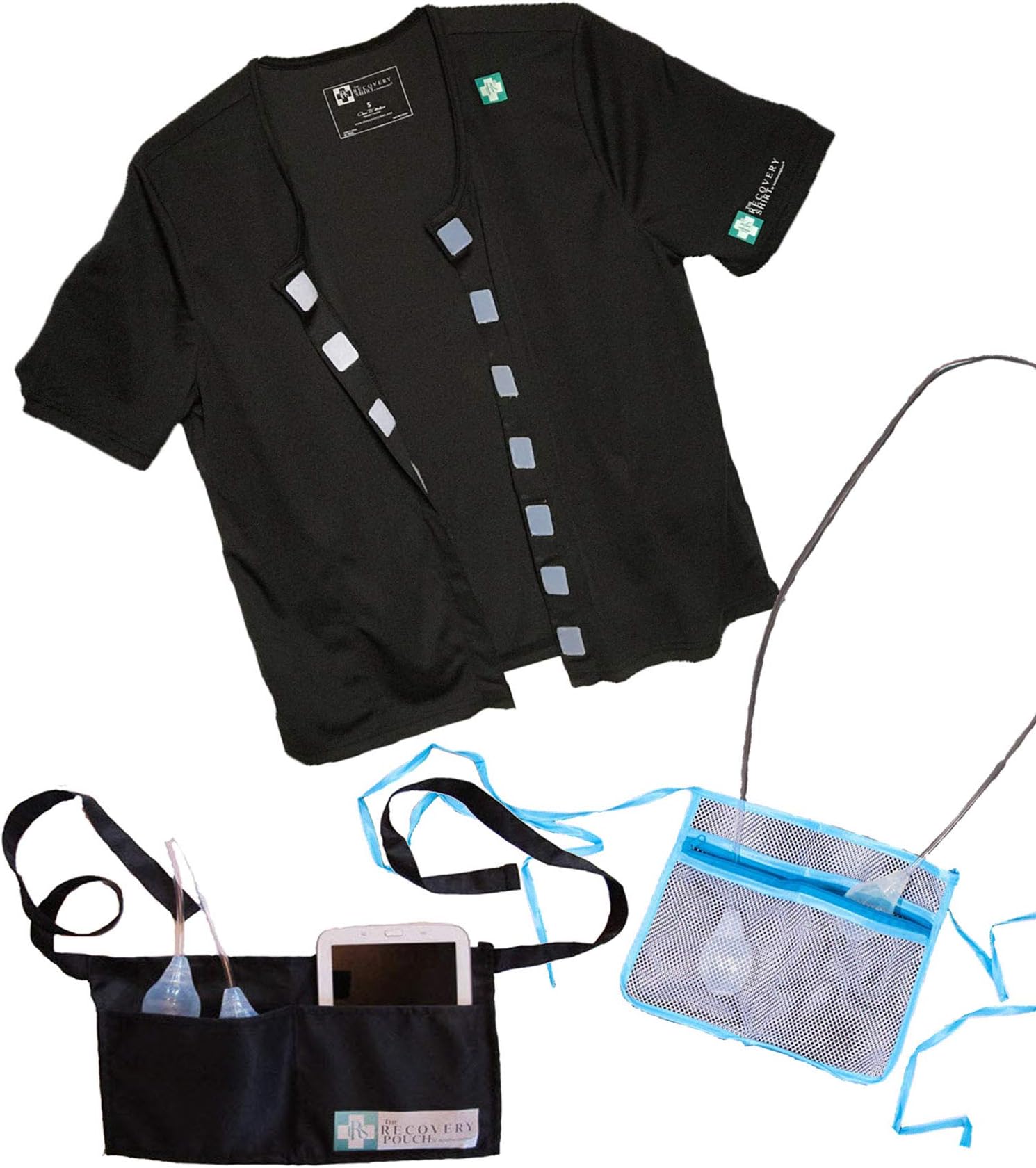 Mastectomy Breast Cancer Recovery Shirt & Drain Pouch Bundle,Black,Large