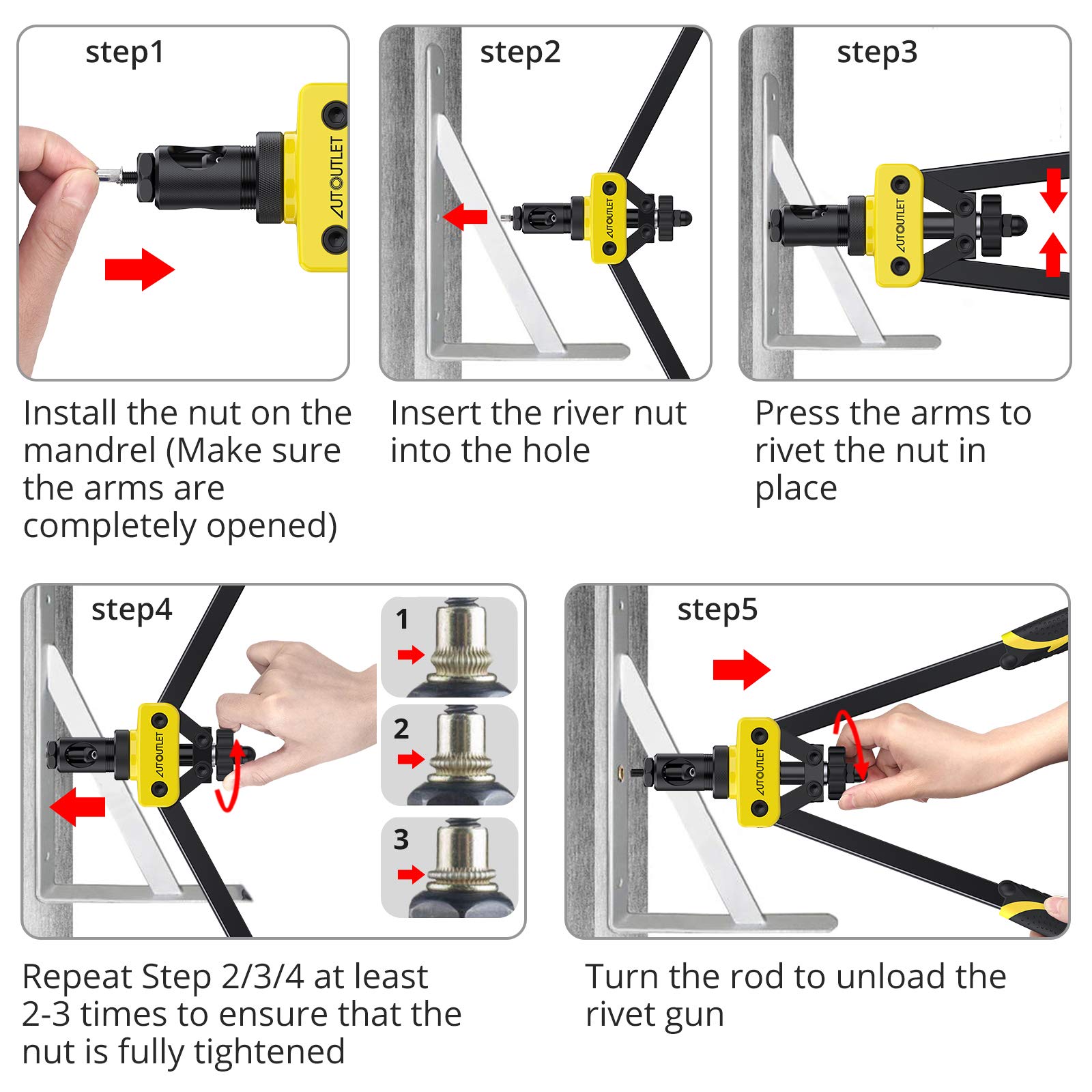 AUTOUTLET Kit Rivettatrice Professionale con 150pz Rivetti Dadi M3 M4 M5 M6 M8 Pinza Pistola Manuale a Rivetti Filettati per Riparazione Auto Rimorchi Mobili