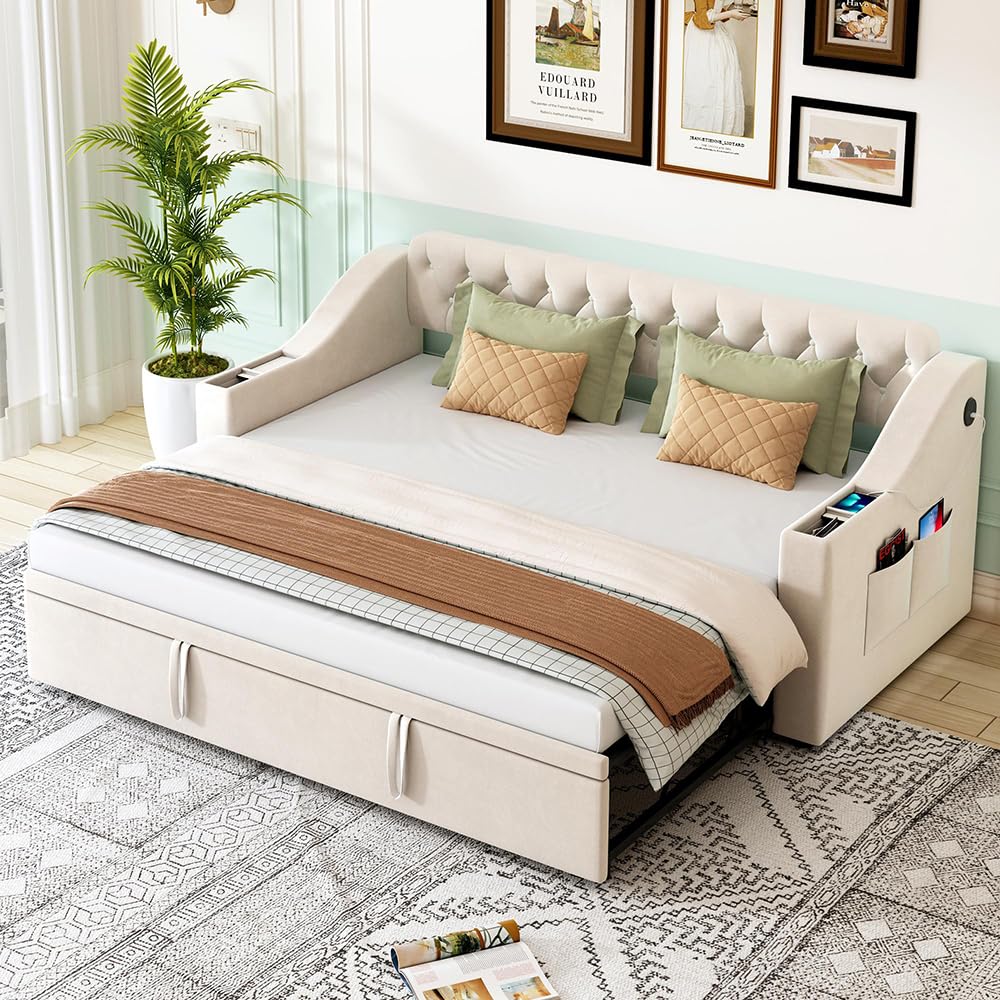Sweiko Canapé-lit rembourré 90/180 * 190 cm, Cadre Adulte avec accoudoirs Extra-Larges et épais (avec Prise USB), Lit avec Sac de Rangement Sommier à Lattes(sans Matelas) (Beige)