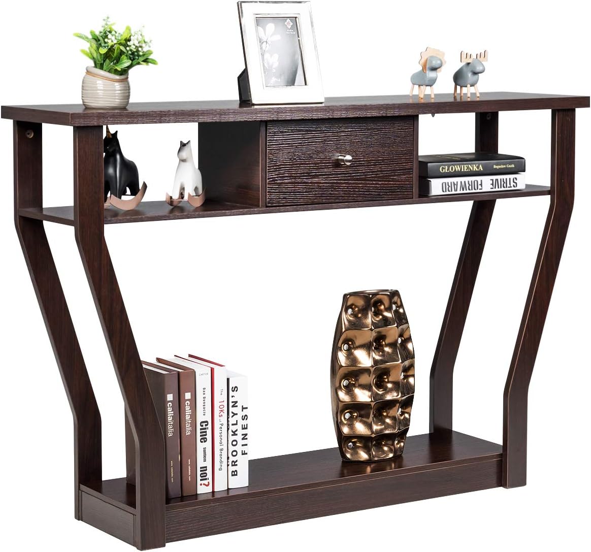 COSTWAY Console Table, Wooden Narrow Sofa Side Table with 3 Drawer and ...