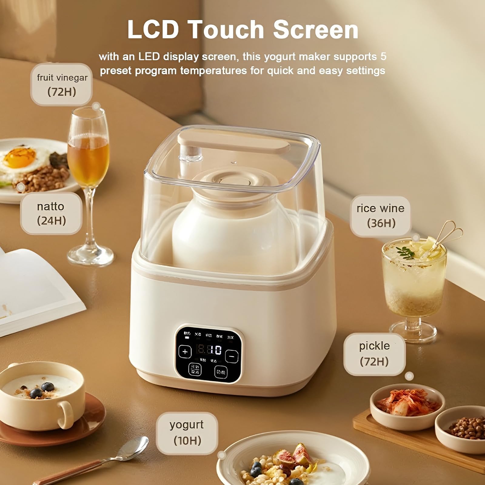 Máquina eléctrica de yogurt, máquina de fermentación inteligente con panel táctil LED y temporizador, temperatura constante inteligente de 360° para uso doméstico y restaurante