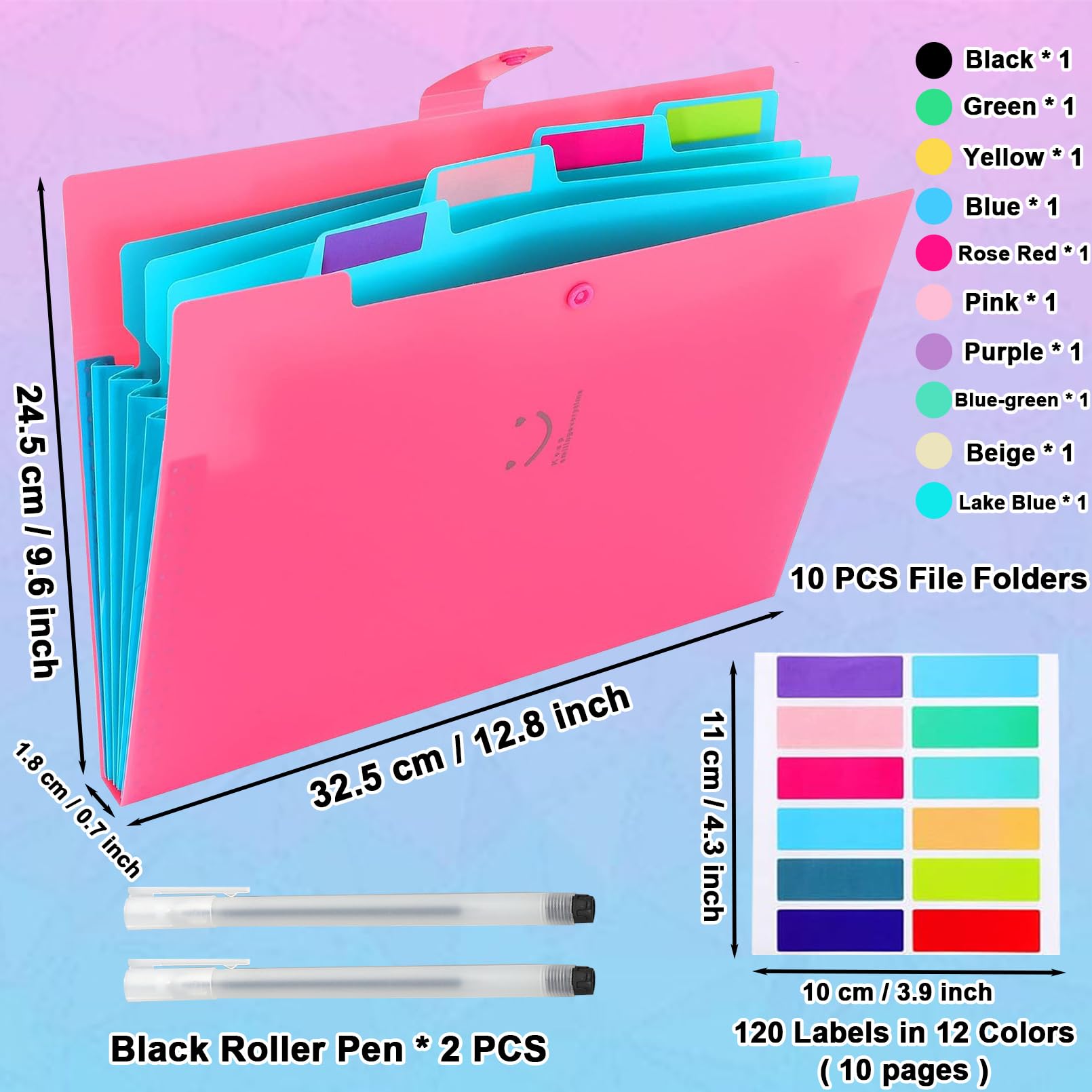 xlehoel, 10 cartelle portadocumenti espandibili, formato A4, formato lettera, organizer a fisarmonica, con 5 tasche, organizer per documenti in plastica con 120 etichette, per scuola e ufficio