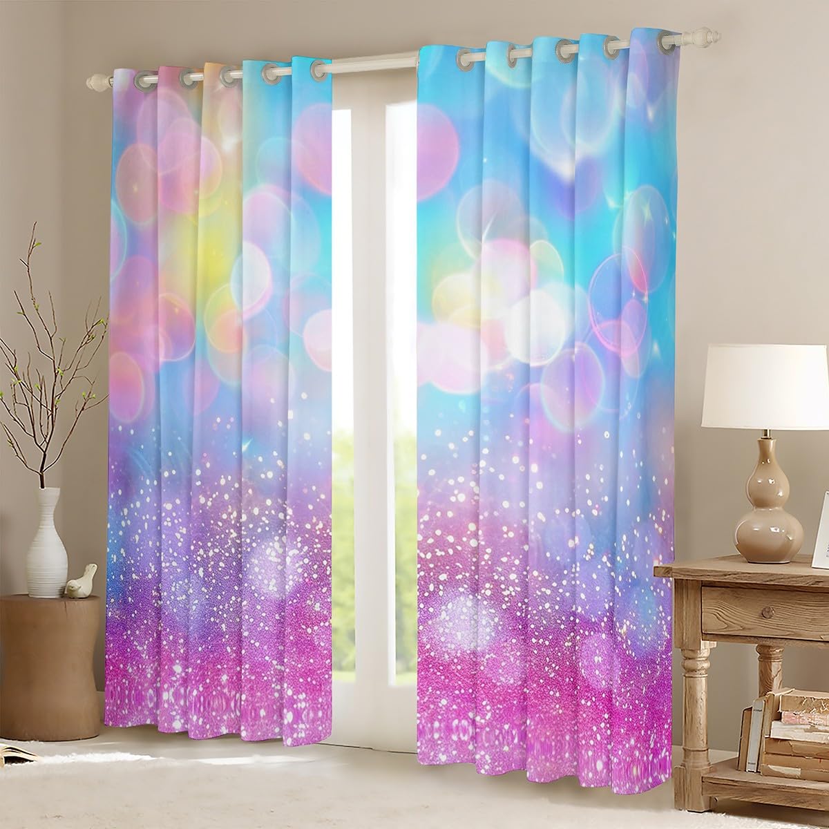 Cortinas De Oscurecimiento Con Purpurina Arcoíris Para Niñas, Estilo Kawaii Pastel, Para Dormitorio, Estilo Degradado, 30% A 50%, Cortinas Opacas Con Purpurina Rosa Y Azul (2 Paneles, 52 X 63 Pulgadas