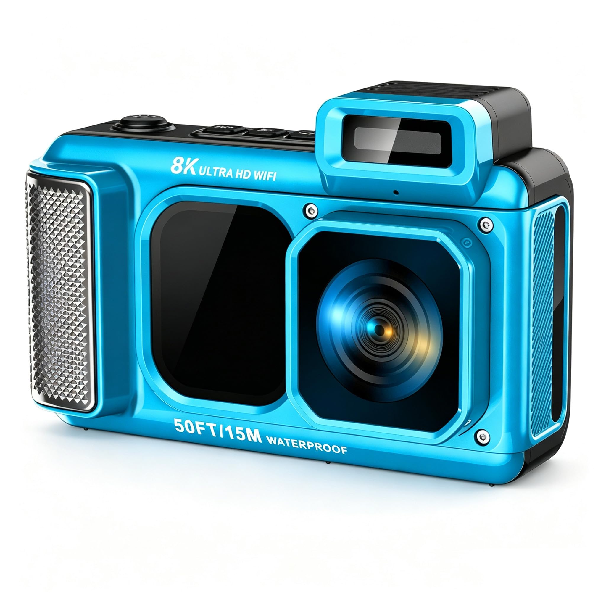 Caméra sous-marine 8K WiFi 90 MP 15,2 m, étanche, carte 32 Go, double écran tactile | Convient pour la plongée avec tuba et la plongée, robuste, résistant aux chocs, à la poussière, AF Selfie, zoom