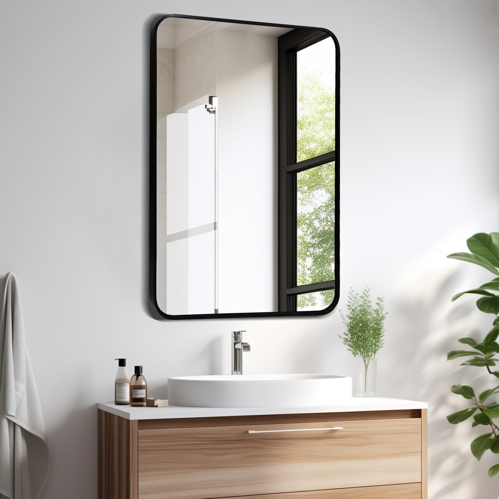 Amgngala Black Rectangle Mirror for Wall, 20×30 Inch Bathroom Mirror with Hooks and Metal Framed, Rectangle Wall Mirror for Bathroom, Living Room, Bedroom, Hallway, Vanity Room (Horizontal/Vertical)