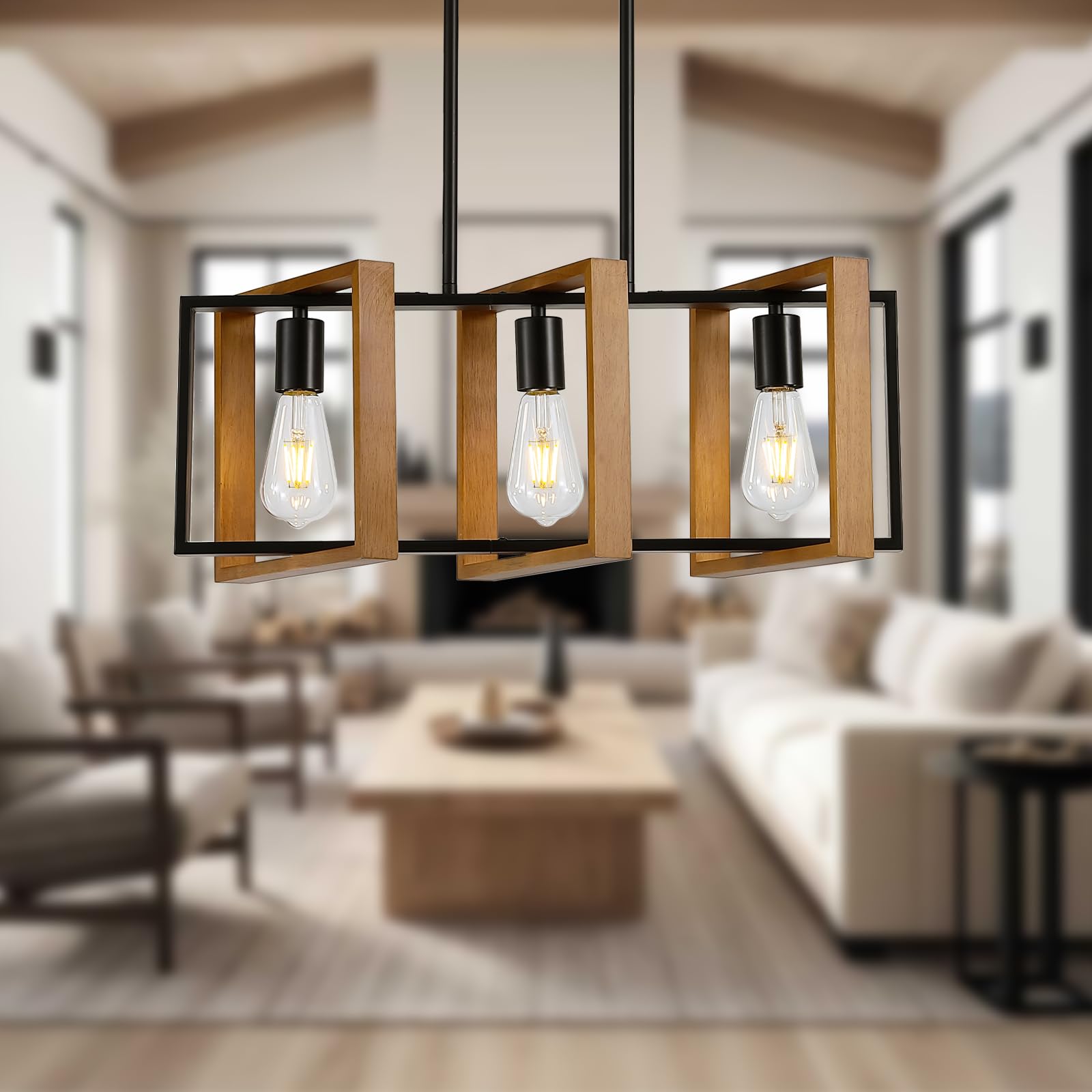 23.6" Kitchen Island Lighting,3 Lights Dining Table Chandelier, Rectangle Island Light for Dining&Living Room, Foyer Hallway,E26, Wood Frame.