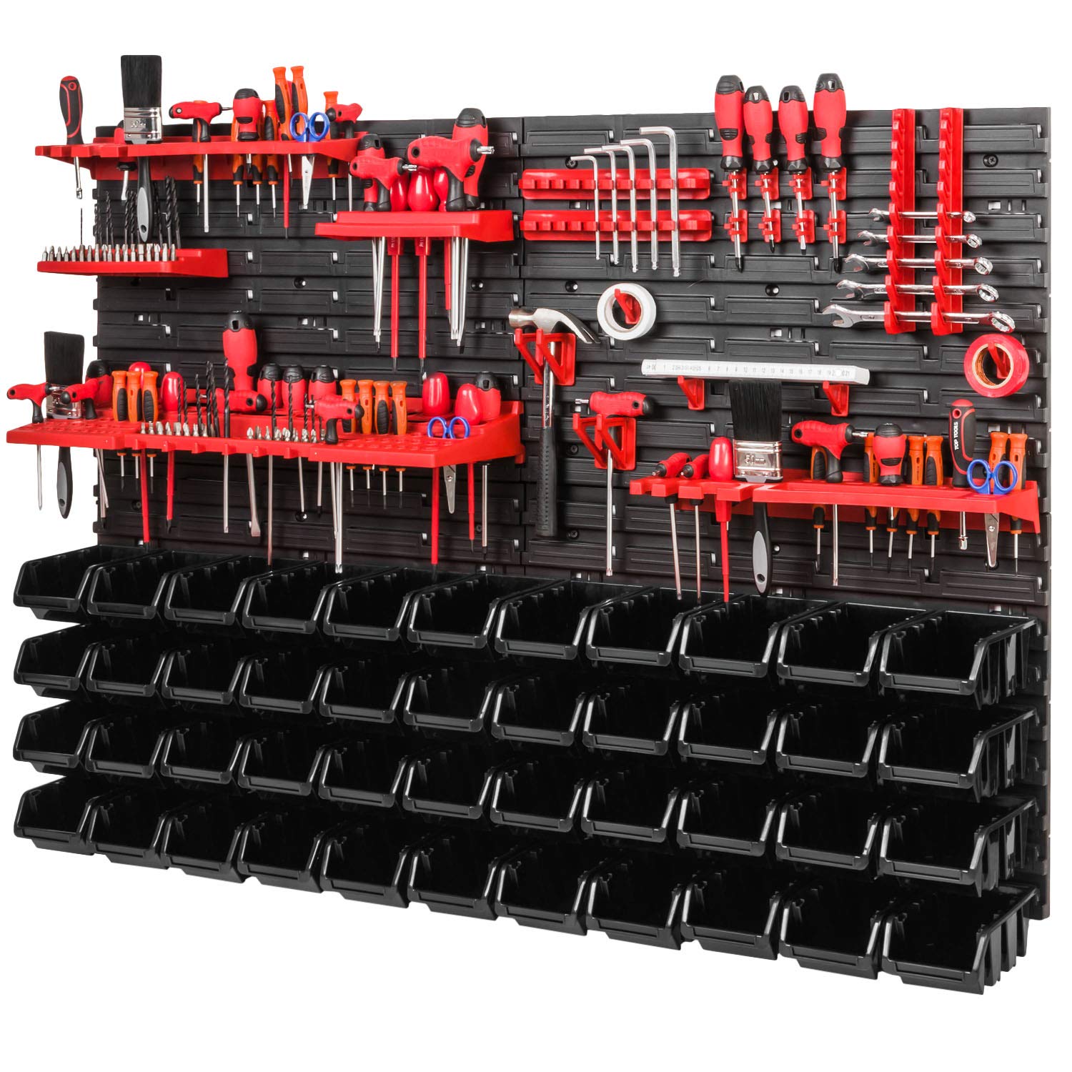PAFEN Storage System Workshop Shelving - 1152 mm x 780 mm - Wall Shelf with 44 Pieces Black Stacking Boxes and Tool Holder - Chute Rack Wall Plates Extra Strong System