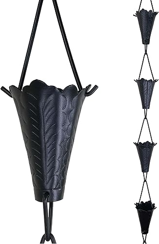 Rain Chains by JASINC Copas de hojas de 8.5 pies con recubrimiento en polvo negro, para reemplazar la canaleta de techo, con kit de instalación,