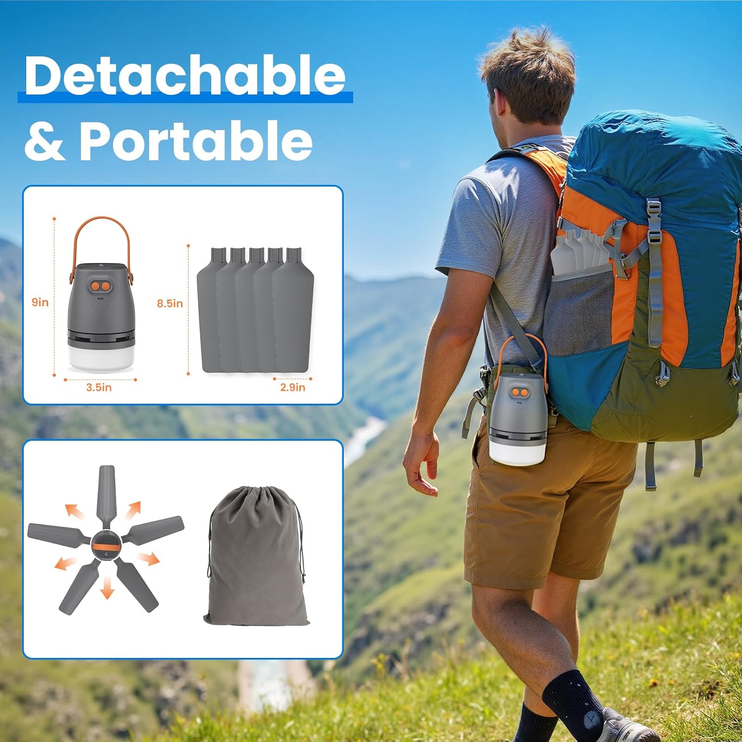 Portable Ceiling Fans with Light & Remote, 20" 20400mAh Battery Operated Outdoor Ceiling Fan for Patios / Canopy, Rechargeable Battery Powered Fan, Hangable Camping Lights Tent Fan, Camping Essentials