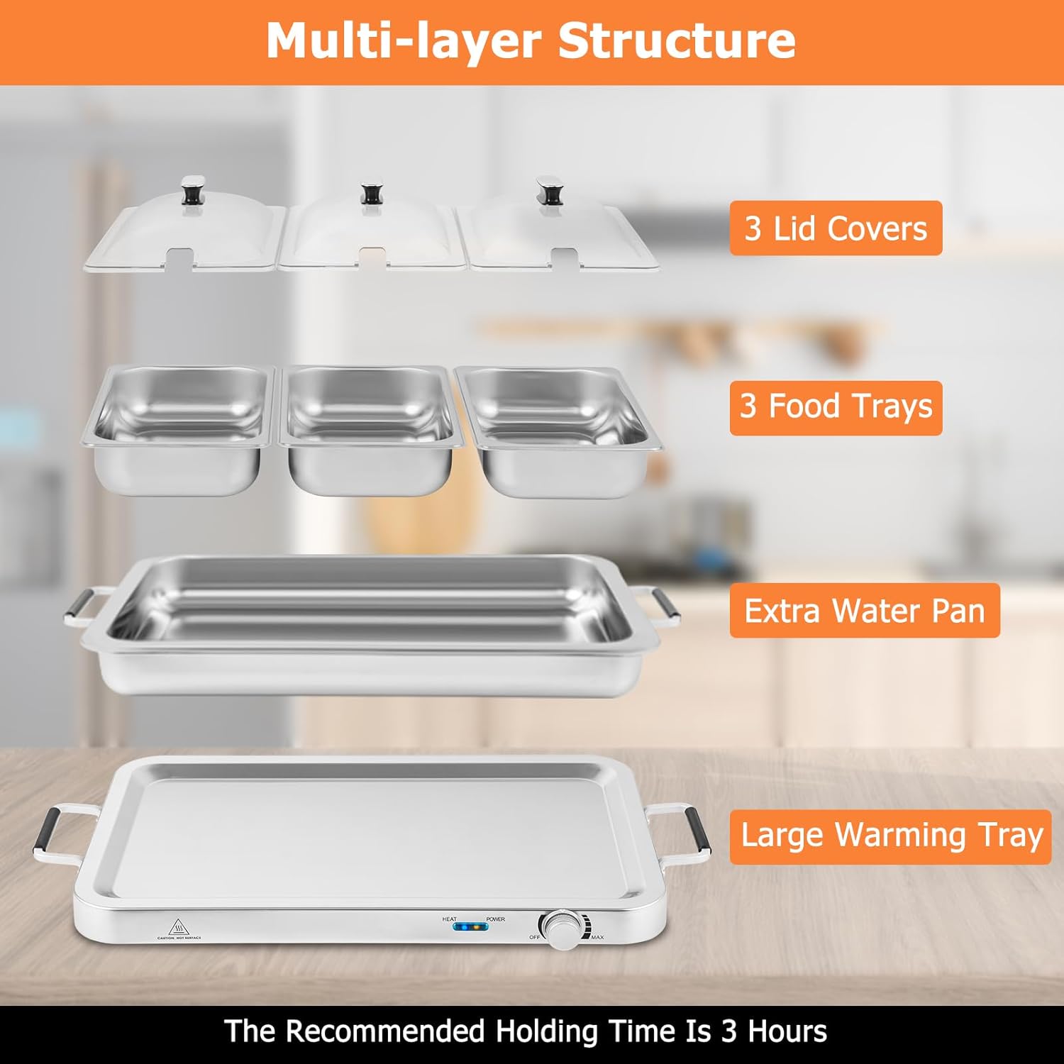 Buffet Server & Food Warmer, 2-in-1 Electric Buffet Warmer with Adjustable Heat, 3 Food Pans with Lids, 8 Qt Stainless Steel Chafing Dishes, Warming Trays for Buffets Party Banquets Catering