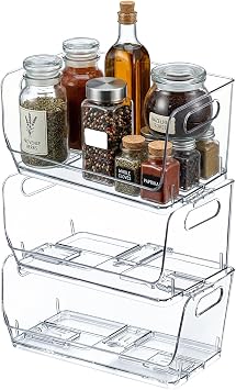 Basicwise Set of 3 Open-Front 12-Inch Clear Storage Bins with Easy-Grip Handles Stackable Transparent Plastic Organizer Container for Pantry Cabinet Refrigerator Drawers Closets and Shelves, Large
