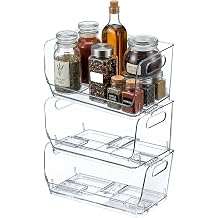 Basicwise Set of 3 Open-Front 12-Inch Clear Storage Bins with Easy-Grip Handles Stackable Transparent Plastic Organizer Container for Pantry Cabinet Refrigerator Drawers Closets and Shelves, Large
