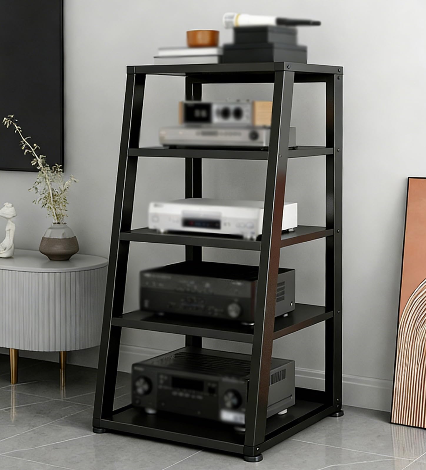 stojak audio hifi Czarne Nowoczesne Stojaki I Szafki Audio Do Pokoju Gier, Pionowe Półki Audio-wideo, Audiofilska Półka Na Sprzęt Stereo Z Otwartą Ramą(5 layer)