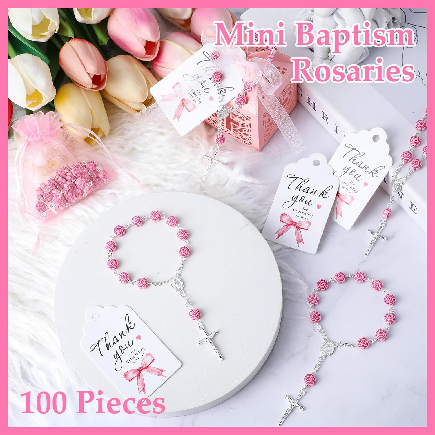 100 Pcs Pink Baptism Favors Set Includes Mini Rosary Cross Boxes White Organza Bags Thank You Tags for Shower Supplies Guest Return Gifts for Wedding
