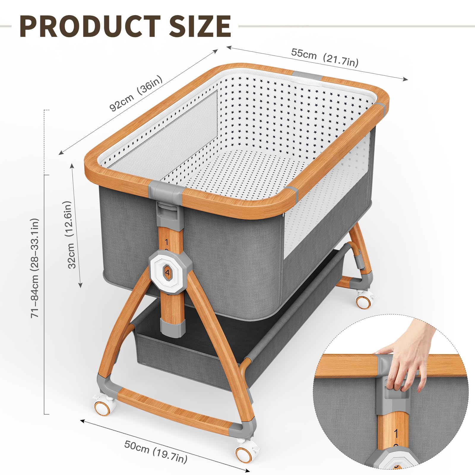 NIKYJM Culla Neonato Lettino,3 in1 Next To Me 6 Regolabile in Altezza con Materasso Morbido,Zanzariera e Culla per Bambini su Ruote Frenate Culla Next to me