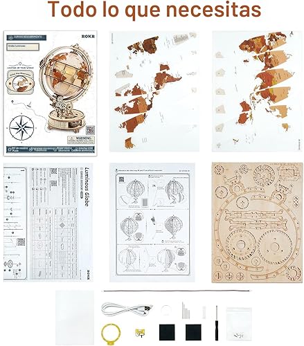 Miniatura 6 de ROKR Rompecabezas de madera 3D para adultos, globo iluminado con soporte, 180 piezas de rompecabezas 3D, kit de modelo LED integrado, regalos para