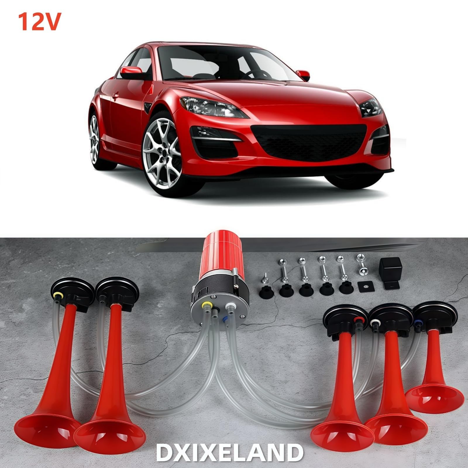 Lufthupe, 160 dB, Musikhupe, Lautsprecher, 5 Röhren, rote Wiedergabe, Dixie-Musik, Autohupe mit Luftpumpe, Warnalarm, einfache Installation, Trompete für 12 V Auto, LKW, Schiff, Boot, Motorrad