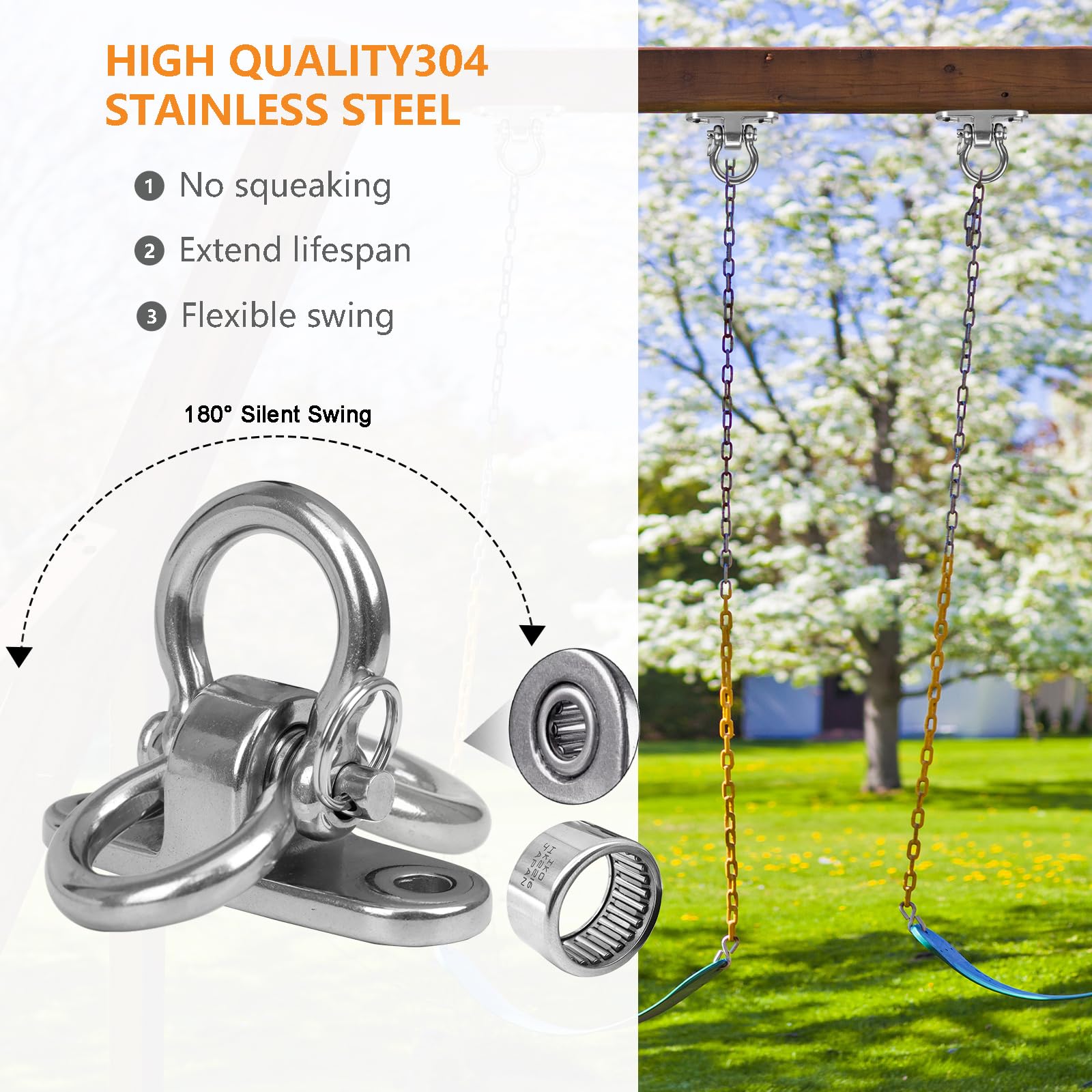2er Silent Bearing Schaukel Haken,180° Schwerer Edelstahl-Schwingzubehör mit Einer Tragfähigkeit von 675 kg für drinnen und draußen Hängematte Hängesessel Hängeseil-Trainer Yoga Sandsack