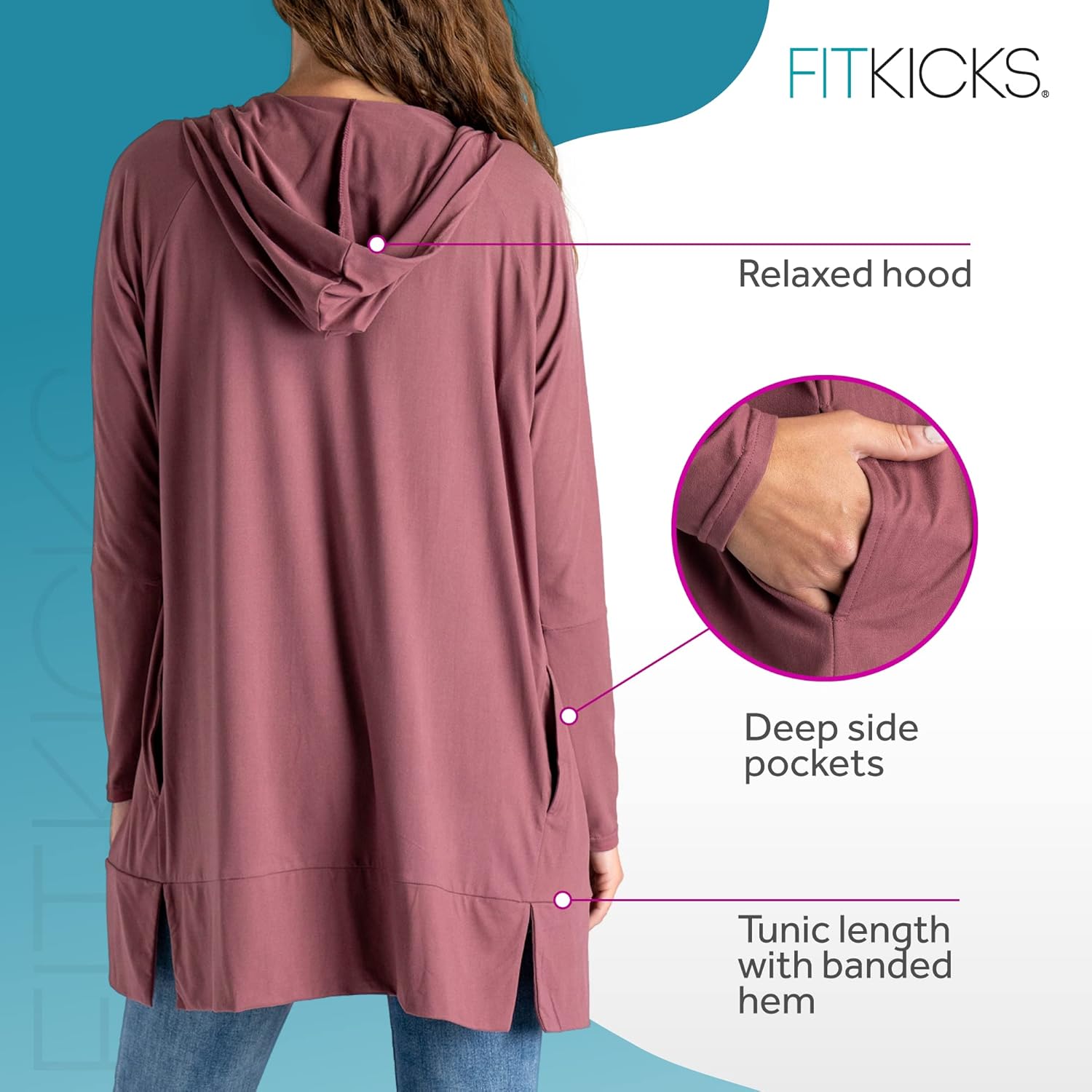 FITKICKS Everywear Lightweight Cardigan Relaxed Hooded Tunic Sweater with Deep Side Pockets Cardigan for Women, Girls - Image 3