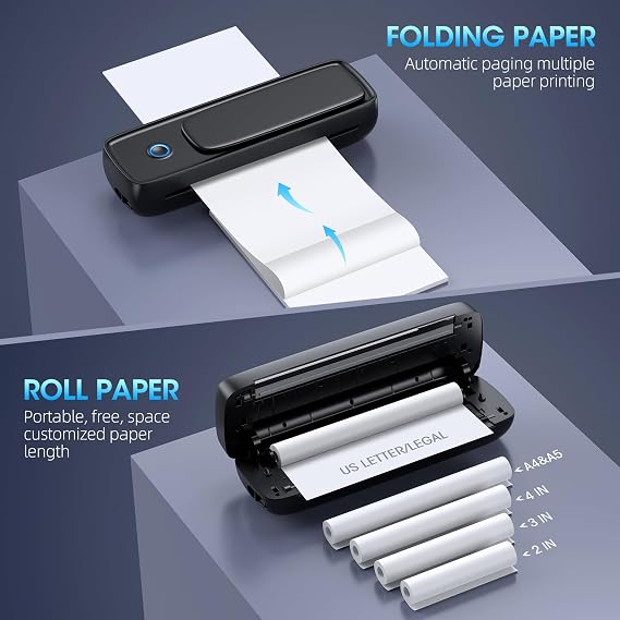 Portable Thermal Printer, Wireless & Bluetooth Mini Inkless Printer for Travel, Deep Black