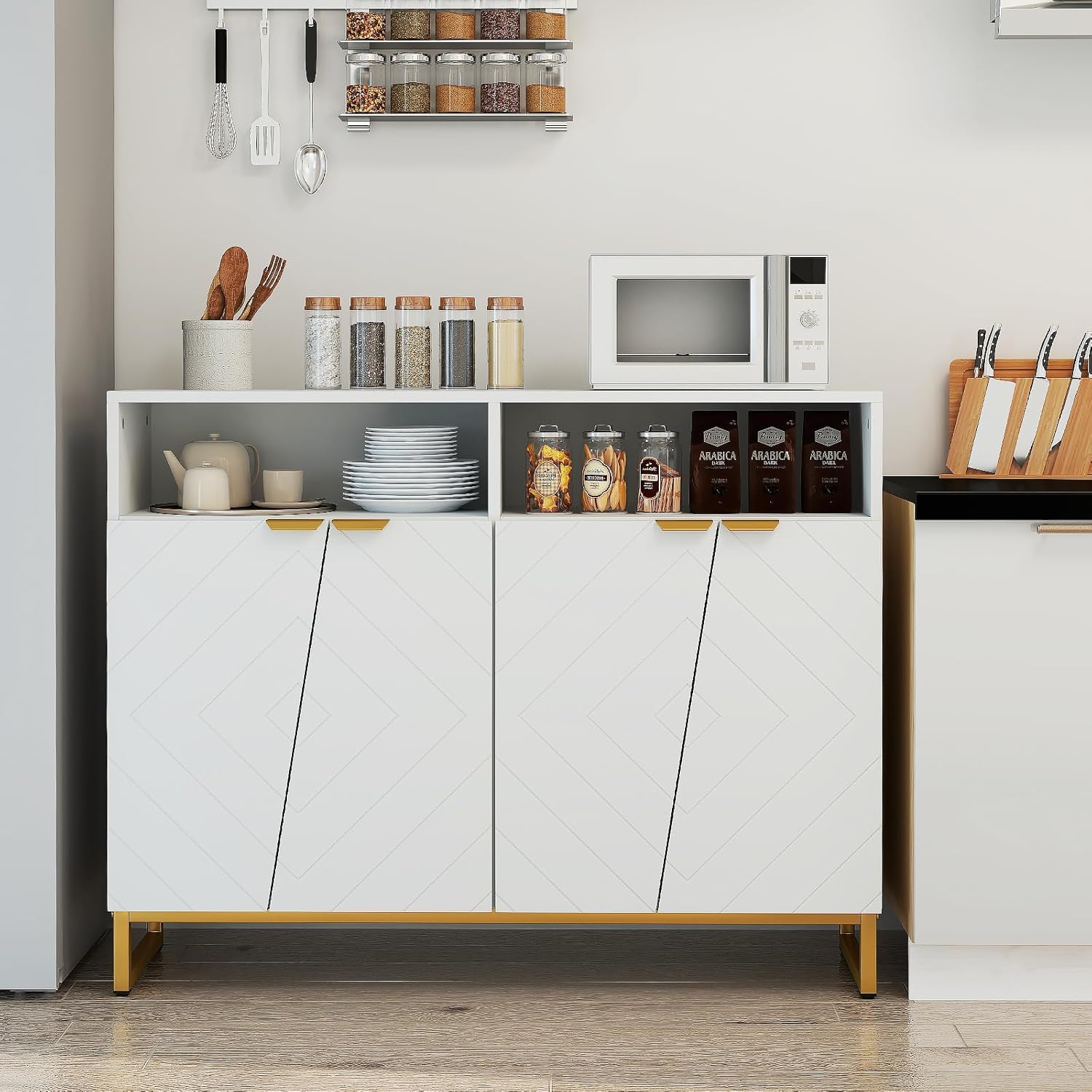 Giantex Buffet Cabinet with Storage, 40" Large Kitchen Sideboard with 4 Doors, 2 Compartments, Adjustable Shelves, Modern Accent Furniture for Living Room Entryway (White)