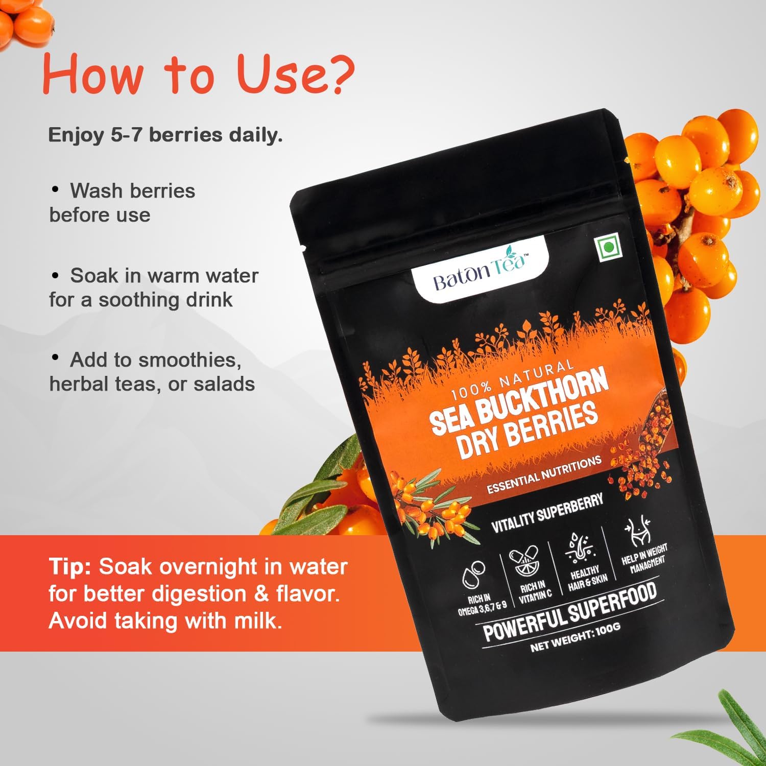Baton Tea Seabuckthorn Dry Berry 100gm — Amazon image 7