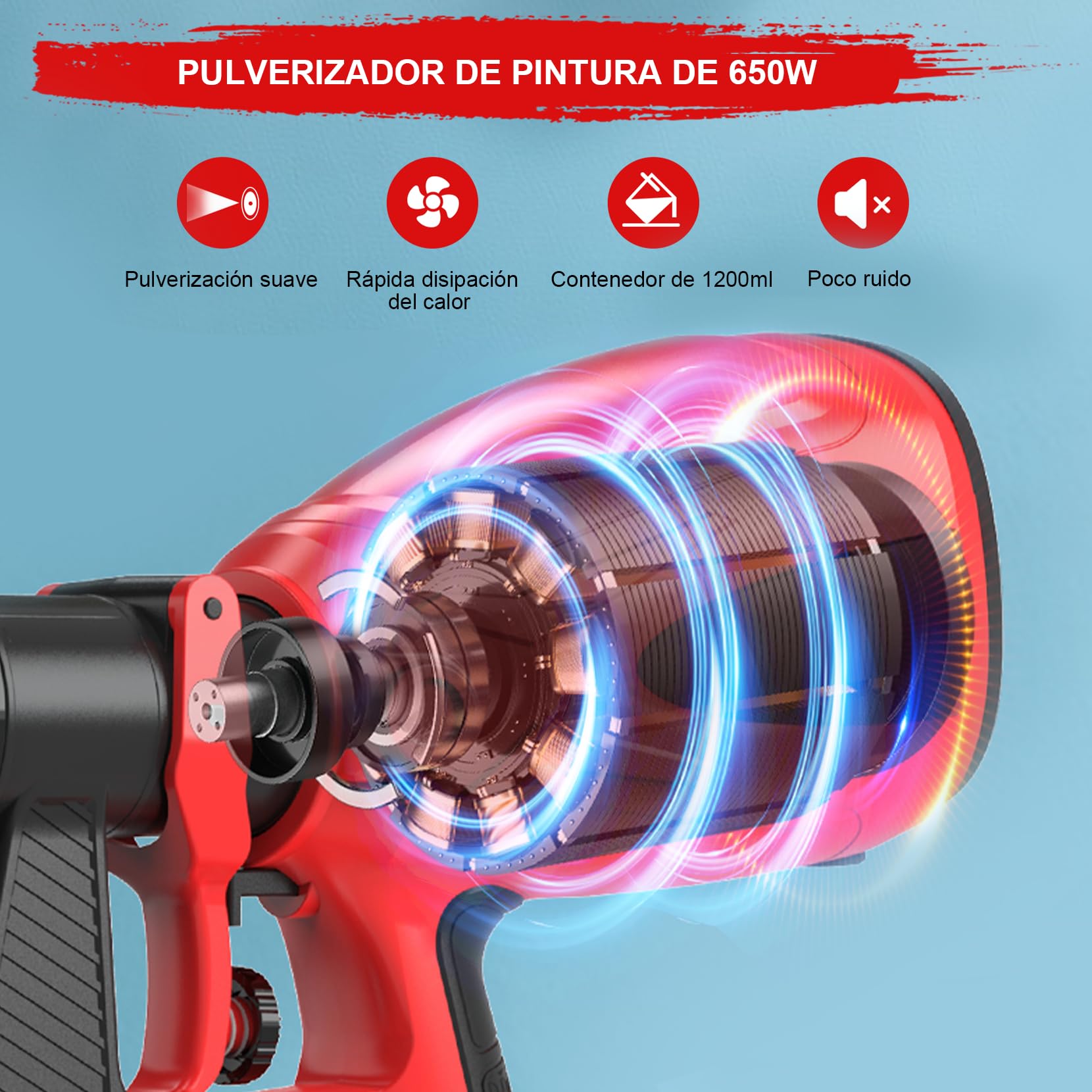 Pistola Pintura, 650W Pistola de Pintura, Pistola Pintura Electrica con Tanque de 1200ML, Pulverizador de Pintura con 4 Boquillas & 3 Modelos, Pistola para Pintar Paredes y Techos, Muebles, DIY