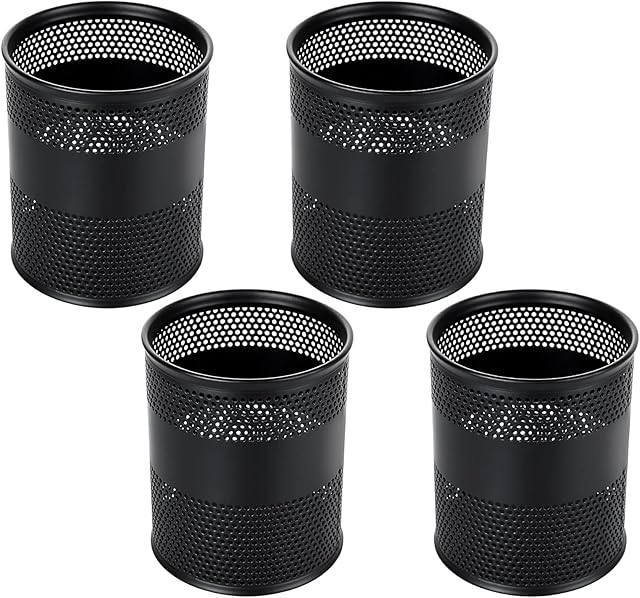 JMIATRY 4 Pack Metal Mesh Pen Pots for Desk, 8 x 10cm Pen Pot, Round Mesh Stationary Organiser Pencil Holder Great for Office, School and Dressing Table, Black