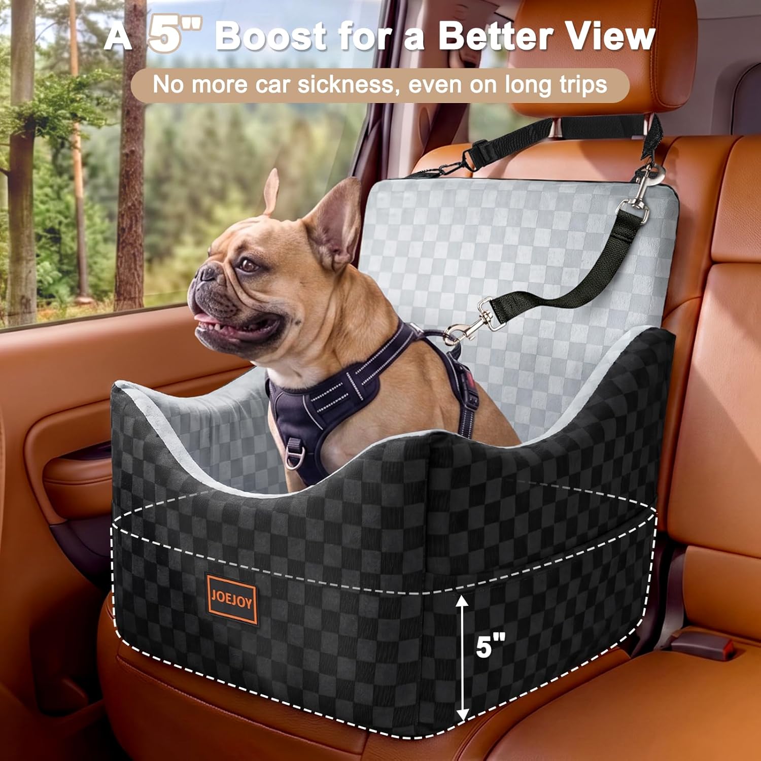 joejoy elevated dog car seat for small/medium dogs up to 35 lbs, memory foam booster seat with detachable washable cover, travel-safe car bed with safety belts & storage pockets, grey medium grey