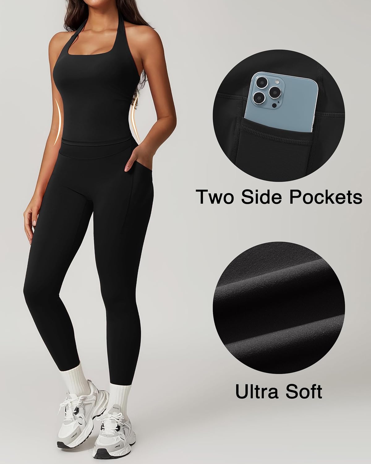 RXRXCOCO Open Back Workout Sets for Women 2 Piece Halter Tank Tops Hidden Scrunch Leggings Matching Set with Pockets - Image 5