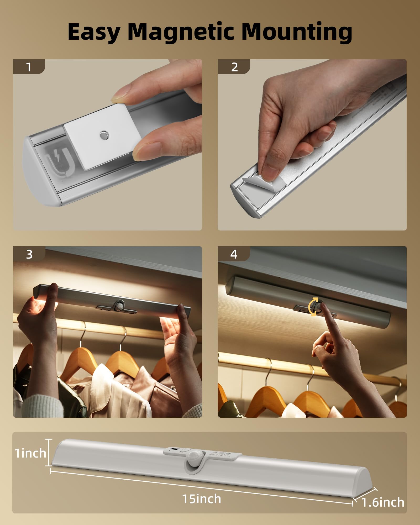 EZVALO Luz LED para armario, luces con sensor de movimiento de 3 temperaturas de color con diseño de protección ocular, 1800 mAh, recargable, funciona con pilas, luz debajo del gabinete para armario
