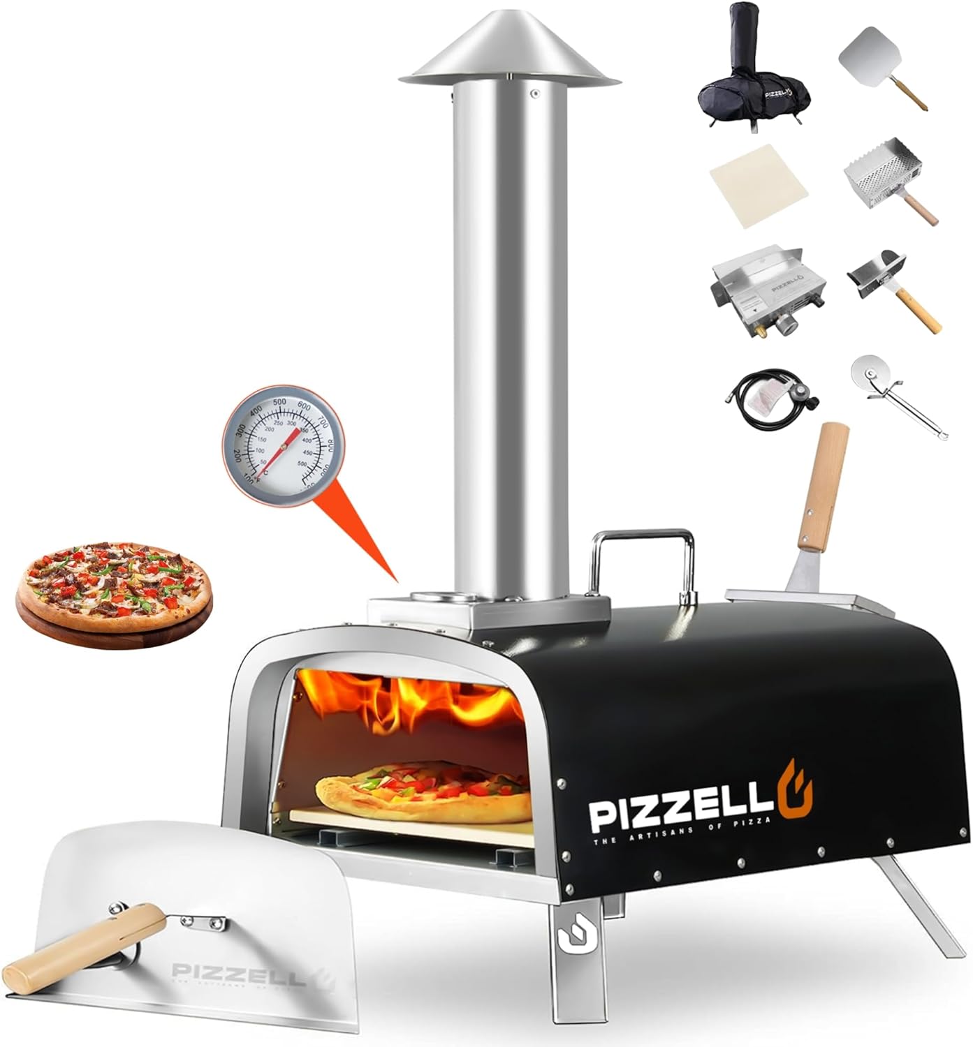 Pizzello Propane Pizza Oven Outdoor 12" Multi-Fuel Wood and Gas Pizza Oven with Thermometer,Pizza Peel, Pizza Stone,Pizza Cutter, Stainless Steel Portable Pizza Oven for Backyard, Camping (Black)