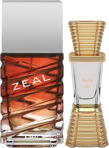 Ajmal Zeal EDP Aquatic Woody Perfume 100ml for Men and Aura Concentrated Perfume Oil Floral Fruity Alcohol-free Attar 10ml for Unisex, (Model: Zeal_Aura_EDP_CP)