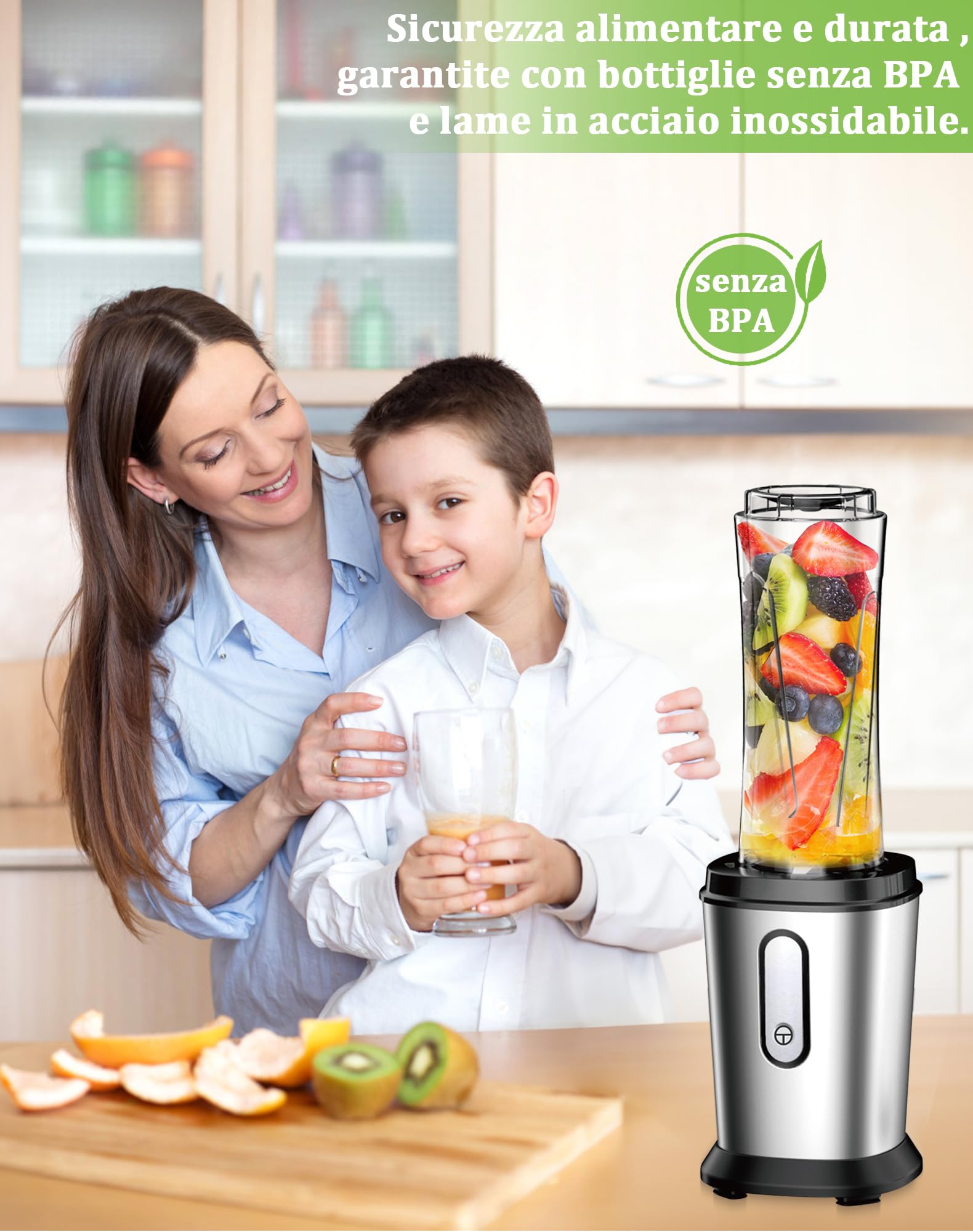 Frullatore, 500W Mini Portatile Frullatore Smoothie con 2 Bottiglie Portatili 600ml, Frullatore Tritatutto Multifunzione per Gelato, Frutta, Verdura (Argento E Nero)