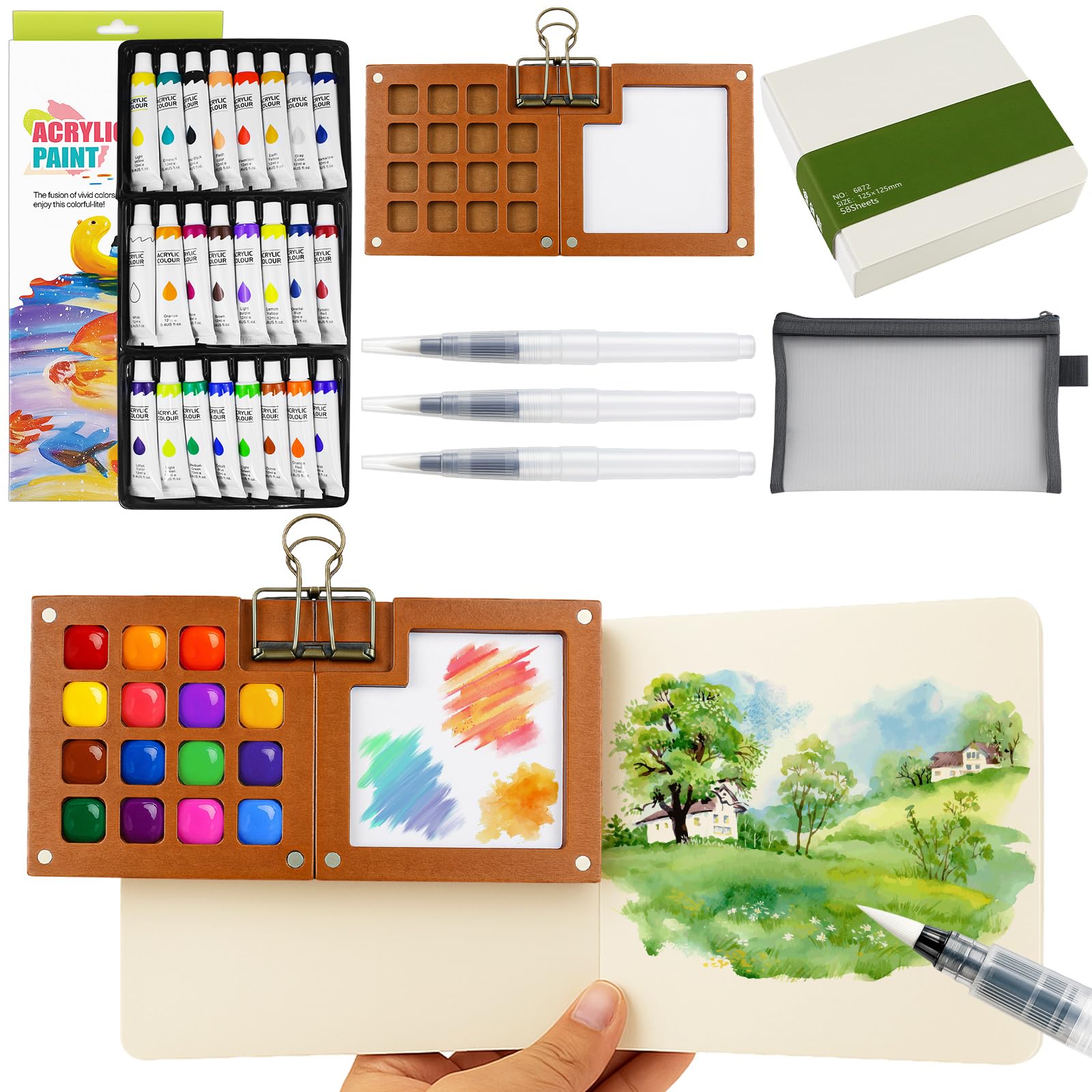 Zouboto Portable Mini Acrylic Paint Set Travel & 15 Grids Wooden Paint Palette with Metal Clip,Pocket Acrylic Travel Sets with Sketchbook & Water Pen,Gift for Painters and Artists
