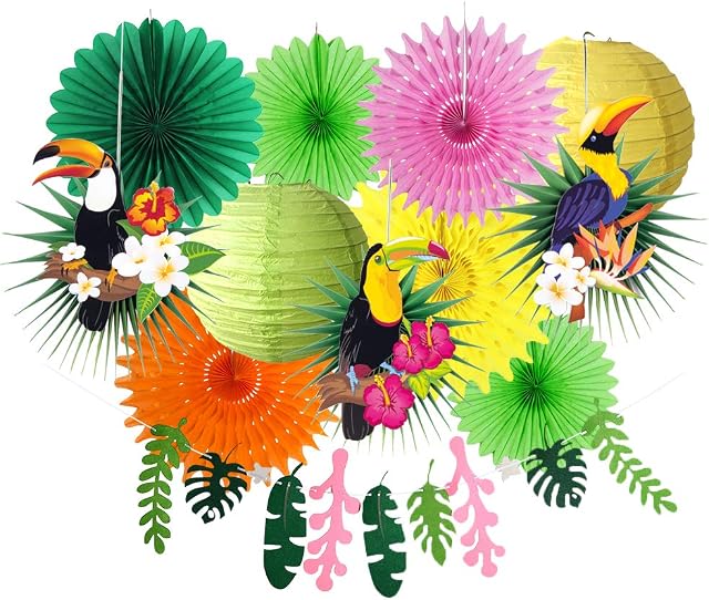 Toucan Paper Fans Leave Garland Banner Paper Lanterns for Birthday Spring Party Summer Tropical Luau Hawaiian Party Decorations