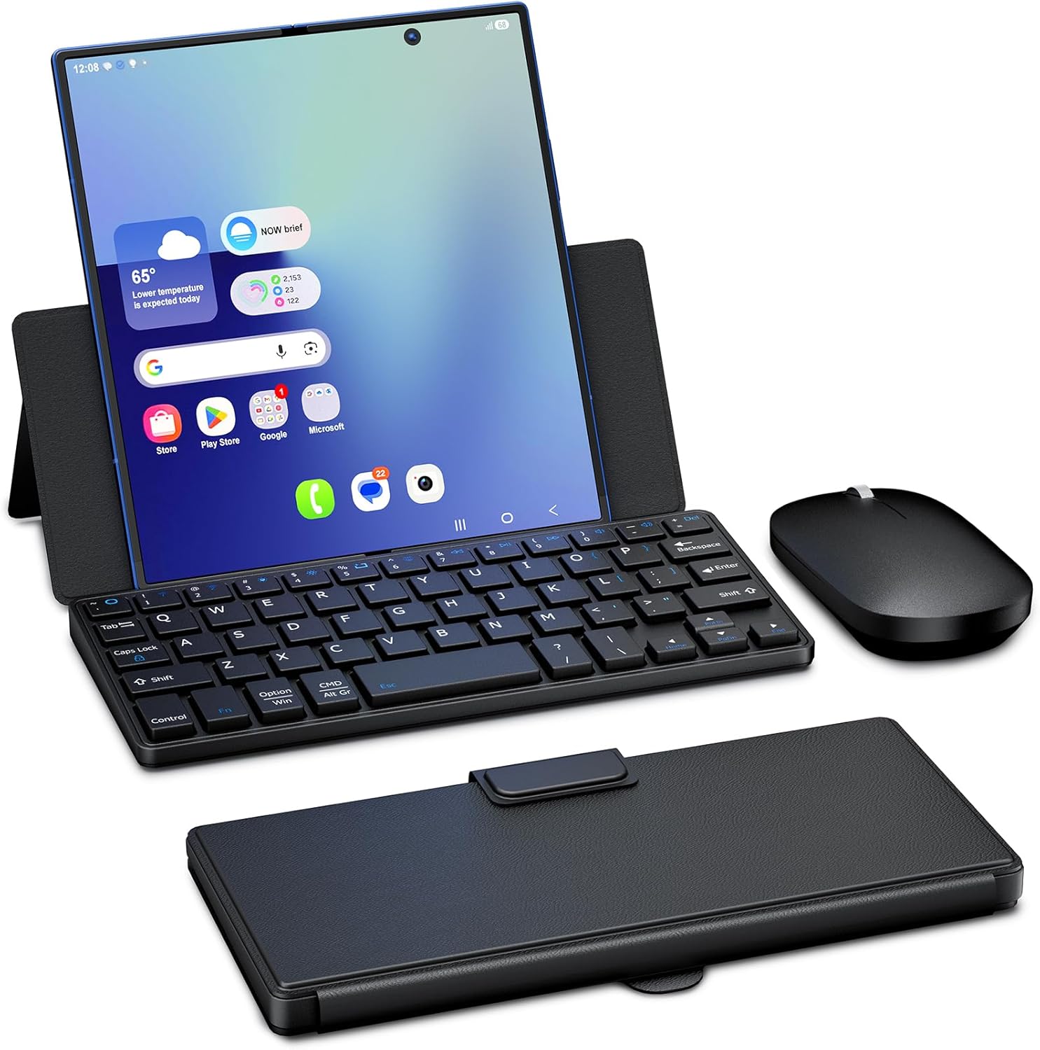 Ultra-Compact Keyboard & Mouse for Samsung Galaxy Z Fold 7/6/5/4 Phone, Portable Mini Wireless Keyboard for Travel, Dual-Bluetooth Channel & Adjustable Kickstand & Leather Cover Case