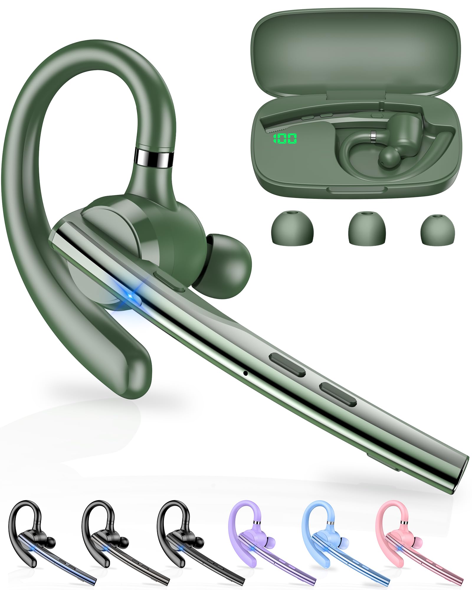 new bee bluetooth headset, single-ear bluetooth earpiece for cell phone calls, dual mic with mute button, 72h talk time, 500mah charging case wireless headset for phone and laptop